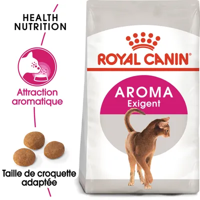 ROYAL CANIN AROMA Exigent, Attraction aromatique, Taille de croquette adaptée, image d’un chat et croquettes visibles sur l’emballage.