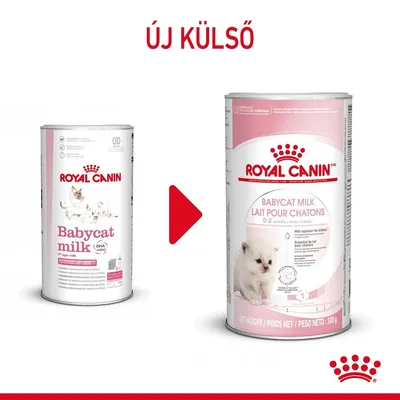 Royal Canin Babycat Milk macskatej régi és új csomagolása, felül: Új külső. Mindkét dobozon márkanév és terméknév látható, jobb oldalon kiscica képe is szerepel.