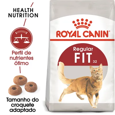 Royal Canin Regular Fit 32. Perfil de nutrientes ótimo. Tamanho do croquete adaptado. Imagem de croquetes e gato na embalagem.
