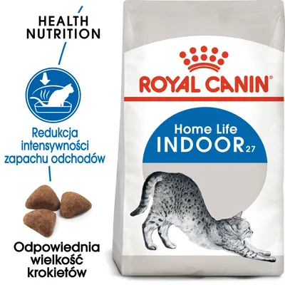 ROYAL CANIN Home Life INDOOR 27, redukcja intensywności zapachu odchodów, odpowiednia wielkość krokietów, ilustracja kota i karmy na opakowaniu.