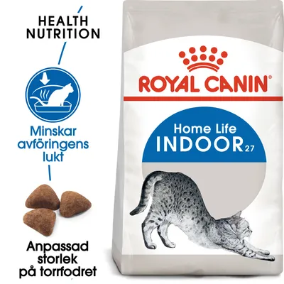 Royal Canin Home Life Indoor 27 torrfoder för katt. Text: Health Nutrition, minskar avföringens lukt, anpassad storlek på torrfodret. Bild på sträckande katt och foderbitar.