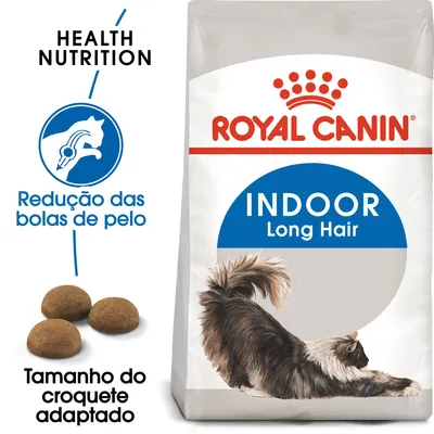 Royal Canin Indoor Long Hair, redução das bolas de pelo, tamanho do croquete adaptado. Embalagem com imagem de gato de pelo comprido e croquetes visíveis.
