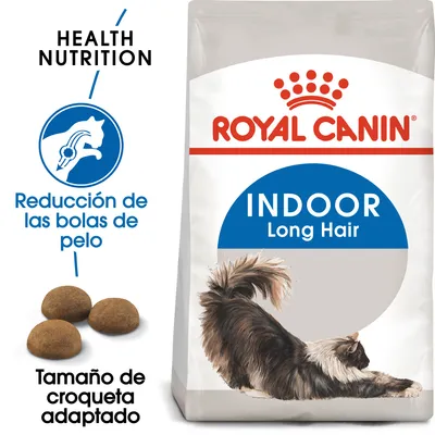 Royal Canin Indoor Long Hair, reducción de las bolas de pelo, tamaño de croqueta adaptado. Imagen de croquetas y gato de pelo largo en el envase.