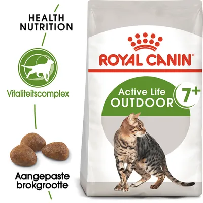 Royal Canin Active Life Outdoor 7+ kattenvoer, afbeelding van kat, tekst: Vitaliteitscomplex, Health Nutrition, Aangepaste brokgrootte, verpakking met brokjes zichtbaar.
