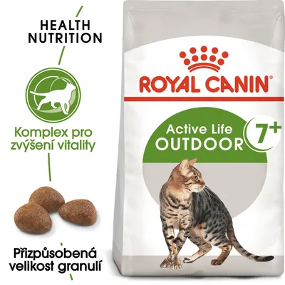 ROYAL CANIN Active Life Outdoor 7+, Komplex pro zvýšení vitality, Přizpůsobená velikost granulí, obrázek kočky a tři granule na obalu.