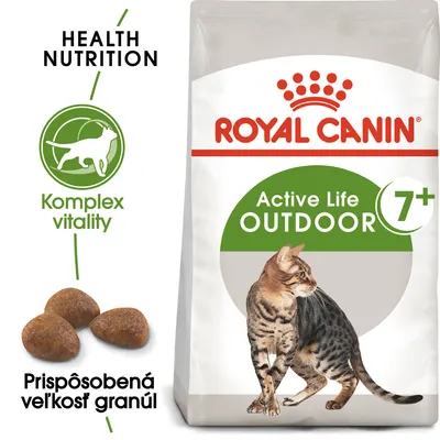 ROYAL CANIN Active Life Outdoor 7+, balenie s obrázkom mačky, texty: Health Nutrition, Komplex vitality, Prispôsobená veľkosť granúl, zobrazené granule.