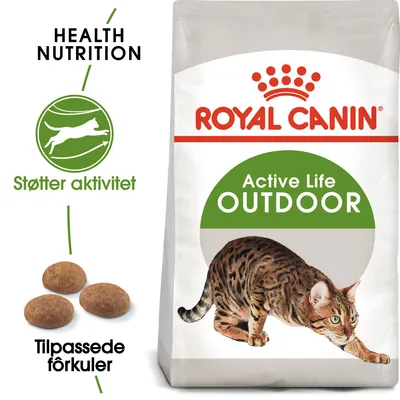 ROYAL CANIN Active Life OUTDOOR kattemad, tekst: Health Nutrition, Støtter aktivitet, Tilpassede fôrkuler. Billede af kat og tre foderpiller på posen.
