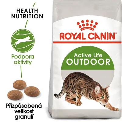 ROYAL CANIN Active Life OUTDOOR, Podpora aktivity, Přizpůsobená velikost granulí, obrázek kočky a tři granule na obalu.