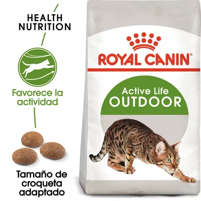 ROYAL CANIN Active Life OUTDOOR. Health Nutrition. Favorece la actividad. Tamaño de croqueta adaptado. Imagen de croquetas y un gato en el envase.