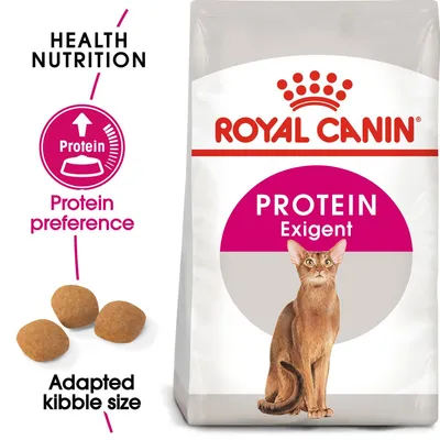 ROYAL CANIN PROTEIN Exigent cat food bag, text: Health Nutrition, Protein preference, Adapted kibble size, image of brown cat and three pieces of kibble visible ROYAL CANIN PROTEIN Exigent cat food bag, text: Health Nutrition, Protein preference, Adapted kibble size, image of brown cat and three pieces of kibble visible