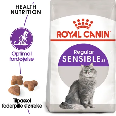 ROYAL CANIN Regular SENSIBLE 33 kattefoder, tekst: Health Nutrition, Optimal fordøjelse, Tilpasset foderpille størrelse. Billede af grå kat og foderpiller.
