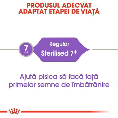 Produsul adecvat adaptat etapei de viață. 7 ani Regular Sterilised 7+. Ajută pisica să facă față primelor semne de îmbătrânire.