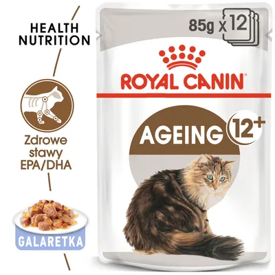 ROYAL CANIN AGEING 12+, 85 g x 12, galaretka, zdrowe stawy EPA/DHA, Health Nutrition. Opakowanie z wizerunkiem kota.