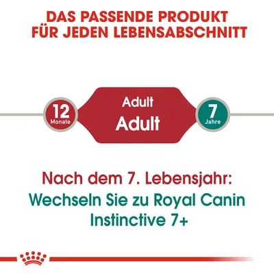 Das passende Produkt für jeden Lebensabschnitt: Ab 12 Monate Adult, nach dem 7. Lebensjahr wechseln Sie zu Royal Canin Instinctive 7+.