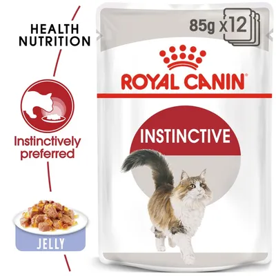 ROYAL CANIN INSTINCTIVE kattemad i gelé, 85 g x12. Tekst: Health Nutrition, Instinctively preferred, JELLY. Billede af kat og portionsanretning med gelé.