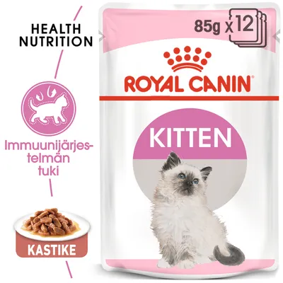 Royal Canin Kitten, 85 g x12. Immuunijärjestelmän tuki. Kastike. HEALTH NUTRITION. Pakkauksessa kissanpentu ja annos kastikeruokaa.