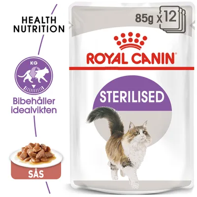 Royal Canin Sterilised våtfoder för katt, 85 g x 12. Text: Bibehåller idealvikten, SÅS. Bild på katt och portionspåse.