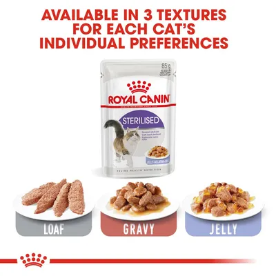 Royal Canin Sterilised kattefoder 85 g, fås i tre teksturer: loaf, gravy og jelly. Tekst på engelsk: Available in 3 textures for each cat’s individual preferences.