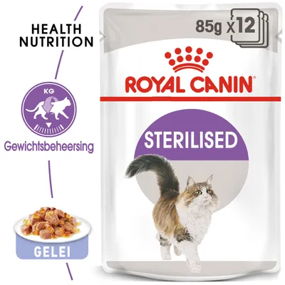 Royal Canin Sterilised kattenvoer, 85g x12, gewichtsbeheersing, Health Nutrition, gelei. Afbeelding van een kat en portie natvoer in gelei zichtbaar op de verpakking.