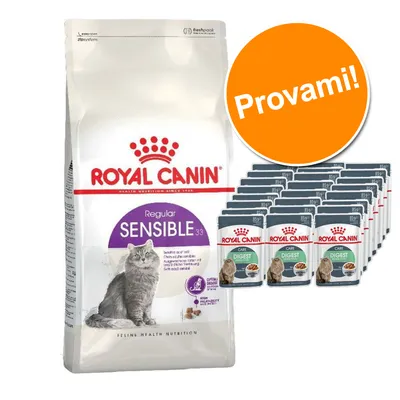 Confezione Royal Canin Regular Sensible 33 con immagine di gatto e scritta 'Provami!', più multipack di bustine Royal Canin Care Digest 85 g visibili accanto.