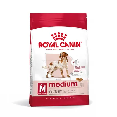 Royal Canin Medium Adult hondenvoer, maat M voor honden van 11–25 kg, muscle mass support, optimal health support, geschikt voor honden ouder dan 12 maanden. Afbeelding van hond op verpakking.