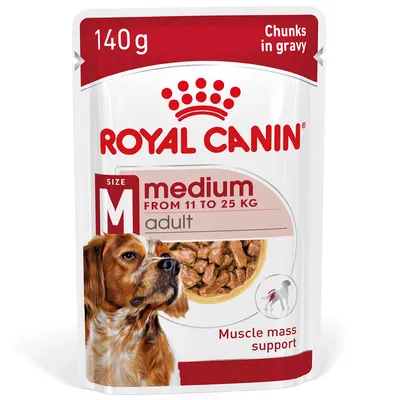 ROYAL CANIN medium adult, 140 g, kawałki w sosie, dla psów 11–25 kg, wsparcie masy mięśniowej. Na opakowaniu zdjęcie psa i miska z karmą.