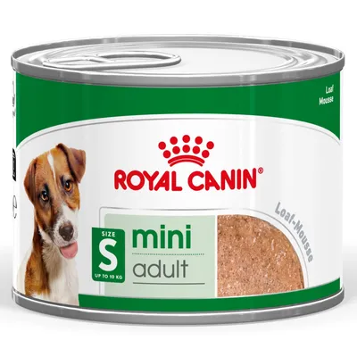 Tin labelled 'mini adult', size S up to 10 kg, loaf mousse. Shows product texture and a pet image on the packaging.
