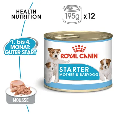 ROYAL CANIN Starter Mother & Babydog, 12x195g, mousse. Tekst na njemačkom: 1. bis 4. Monat: Guter Start. Health Nutrition. ROYAL CANIN Starter Mother & Babydog, 12x195g, mousse. Tekst na njemačkom: 1. bis 4. Monat: Guter Start. Health Nutrition.