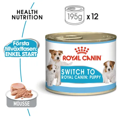 Royal Canin Puppy våtfoder, 12 x 195 g burkar. Text: Första tillväxtfasen: Enkel start, mousse. Switch to Royal Canin: Puppy. Bild på valpar och foderkonsistens.