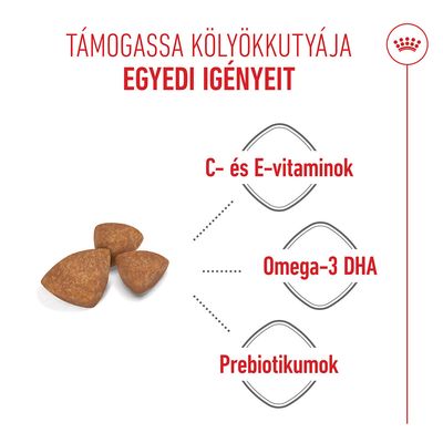 Royal Canin Puppy X-Small, kölyökkutyáknak 2-10 hónapos korig, 4 kg-ig. Támogatja az immunrendszert és az agy fejlődését. A csomagoláson kis kutya és termékinformációk láthatók.