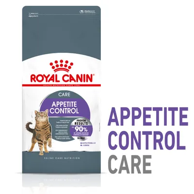Royal Canin Care Appetite Control kattefoder. Tekst på posen: Proven results 90% of owners reported controlled begging in 4 weeks, adapted protein & fat, L-carnitine. Royal Canin Care Appetite Control kattefoder. Tekst på posen: Proven results 90% of owners reported controlled begging in 4 weeks, adapted protein & fat, L-carnitine.