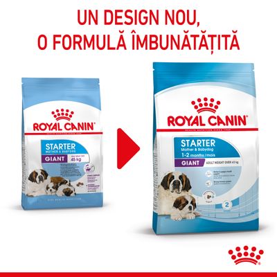 Royal Canin Starter Mother & Babydog Giant, design nou și formulă îmbunătățită. Ambalaj vechi și nou cu câini vizibili, text: 1–2 months/mois, adult weight over 45 kg.