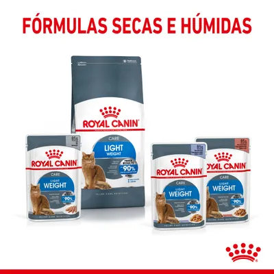 Royal Canin Care Light Weight para gatos, fórmulas secas e húmidas. Embalagens visíveis: saco grande e saquetas de 85 g com gato e texto 'proven results -90%'.