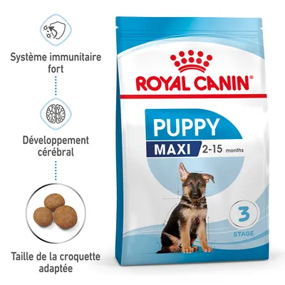 Sachet Royal Canin Puppy Maxi 2–15 months, points clés : système immunitaire fort, développement cérébral, taille de la croquette adaptée, illustration d’un chiot et croquettes rondes visibles.