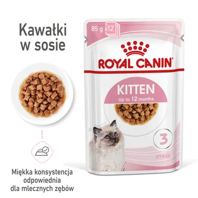 ROYAL CANIN Kitten Up to 12 months, kawałki w sosie, 85 g x12. Miękka konsystencja odpowiednia dla mlecznych zębów. Etap 3.
