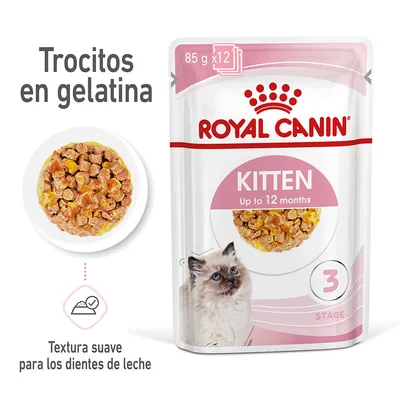 Royal Canin Kitten Up to 12 months, 85 g x12. Trocitos en gelatina, textura suave para los dientes de leche. Imagen de comida húmeda y un gato pequeño en el envase.