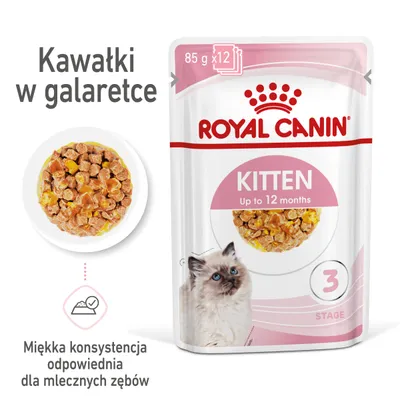 ROYAL CANIN Kitten Up to 12 months, kawałki w galaretce, 85 g x12. Miękka konsystencja odpowiednia dla mlecznych zębów. Etap 3. ROYAL CANIN Kitten Up to 12 months, kawałki w galaretce, 85 g x12. Miękka konsystencja odpowiednia dla mlecznych zębów. Etap 3.