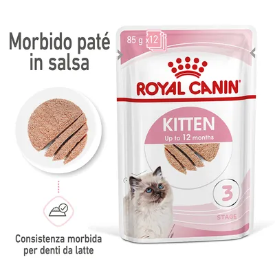 Royal Canin Kitten Up to 12 months, morbido paté in salsa, consistenza morbida per denti da latte, confezione da 85 g x12, adatto a gattini fino a 12 mesi, stage 3