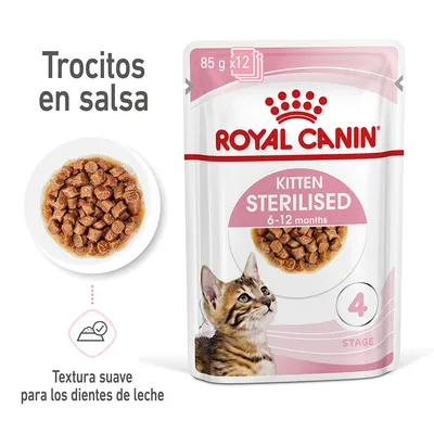 Royal Canin Kitten Sterilised 6-12 months, 85 g x12. Trocitos en salsa. Textura suave para los dientes de leche. Imagen de comida húmeda y gatito en el envase.
