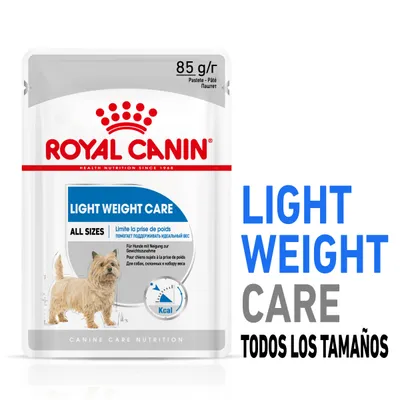 Royal Canin Light Weight Care, 85 g, paté para perros de todos los tamaños. Texto visible: 'Light Weight Care', 'Todos los tamaños', 'All sizes', información en varios idiomas.
