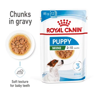 Chunks in gravy, soft texture for baby teeth. 85g x12 packs. Suitable for puppies aged 2-10 months, stage 3, mini size.