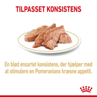 TILPASSET KONSISTENS. En blød ensartet konsistens, der hjælper med at stimulere en Pomeranians kræsne appetit. Billede af vådfoder på tallerken.