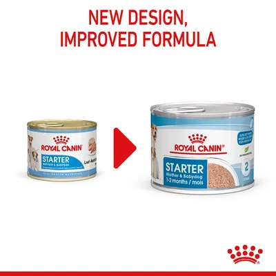 Royal Canin STARTER Mother & Babydog dåser, venstre: ældre design, højre: nyt design med tekst '1–2 months / mois'. Øverst: NEW DESIGN, IMPROVED FORMULA.