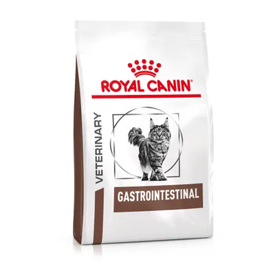 Balenie krmiva Royal Canin Veterinary Gastrointestinal pre mačky, viditeľný názov značky a produktová rada na obale, obrázok mačky na prednej strane.