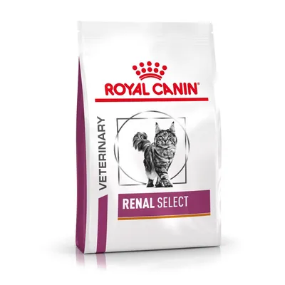 Sac de croquettes pour chat Royal Canin Veterinary Renal Select, texte visible : RENAL SELECT, image d’un chat sur l’emballage. Sac de croquettes pour chat Royal Canin Veterinary Renal Select, texte visible : RENAL SELECT, image d’un chat sur l’emballage.