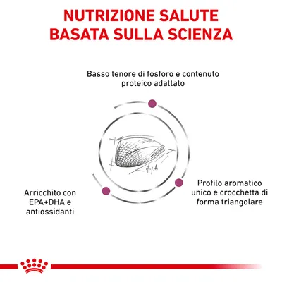 NUTRIZIONE SALUTE BASATA SULLA SCIENZA. Basso tenore di fosforo e contenuto proteico adattato. Arricchito con EPA+DHA e antiossidanti. Profilo aromatico unico e crocchetta di forma triangolare.