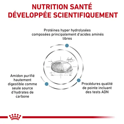 NUTRITION SANTÉ DÉVELOPPÉE SCIENTIFIQUEMENT : protéines hyper hydrolysées, amidon purifié hautement digestible, procédures qualité incluant des tests ADN.