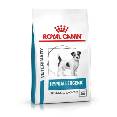Bag labelled veterinary hypoallergenic food for small dogs, with a picture of a small dog and the letter S visible on the packaging.