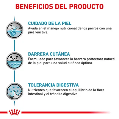 Beneficios del producto: cuidado de la piel, barrera cutánea y tolerancia digestiva. Incluye descripciones sobre manejo nutricional, salud cutánea y equilibrio intestinal.