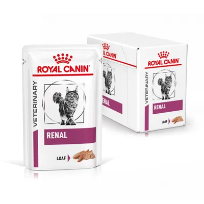 Royal Canin Veterinary Renal Loaf mokra karma dla kotów, opakowanie z wizerunkiem kota i kawałkami karmy.